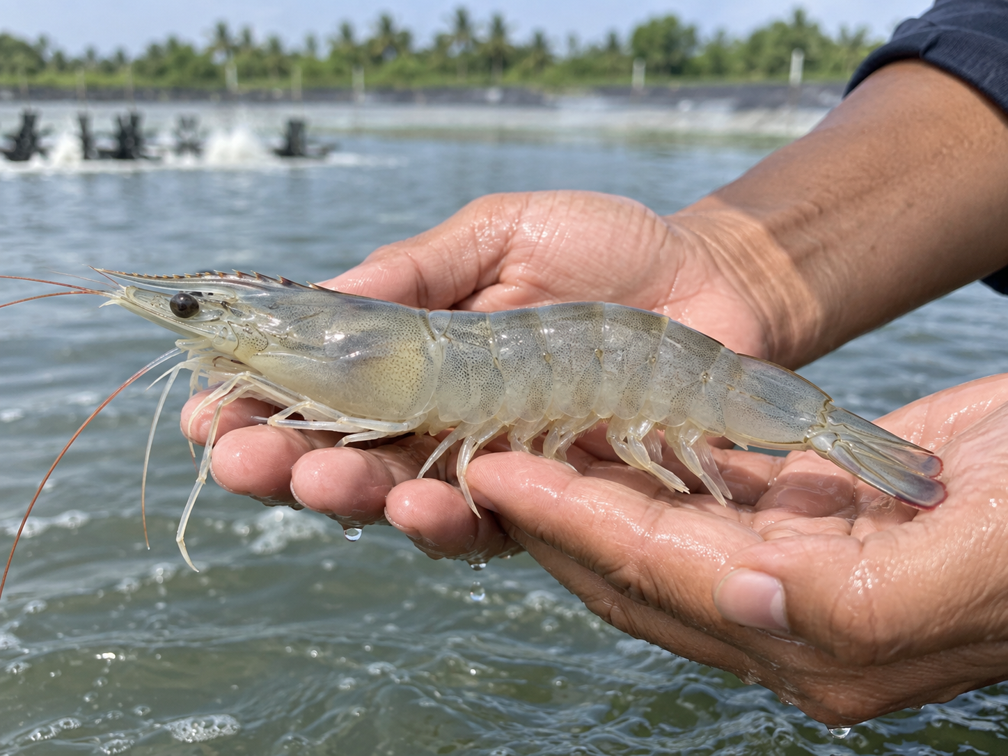 ภาพสื่อสารแนวคิดของกุ้งขาวถูกประคองเหนือผิวน้ำ